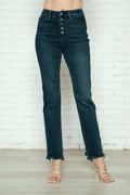 Judy Blue Button Fly Straight Leg Jeans feature a dark wash, raw hem, stretch fit, and classic pockets front view