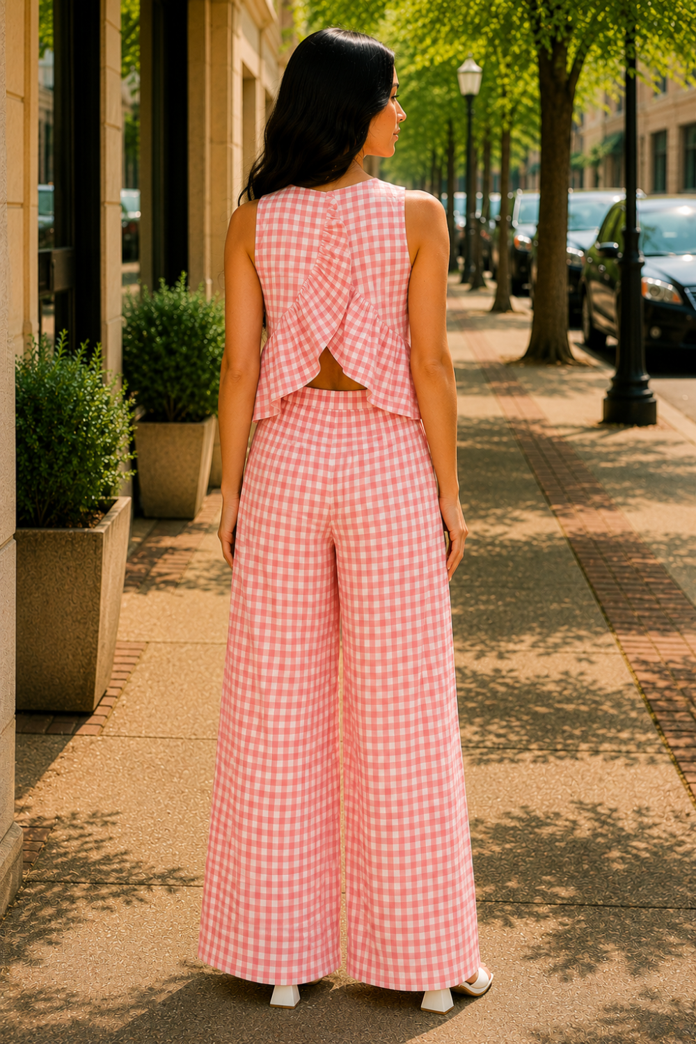 * Two-piece set
* Round neck
* Sleeveless
* Buttoned back closure
* Elastic waist
* Wide leg
* Ruffled
* No stretch