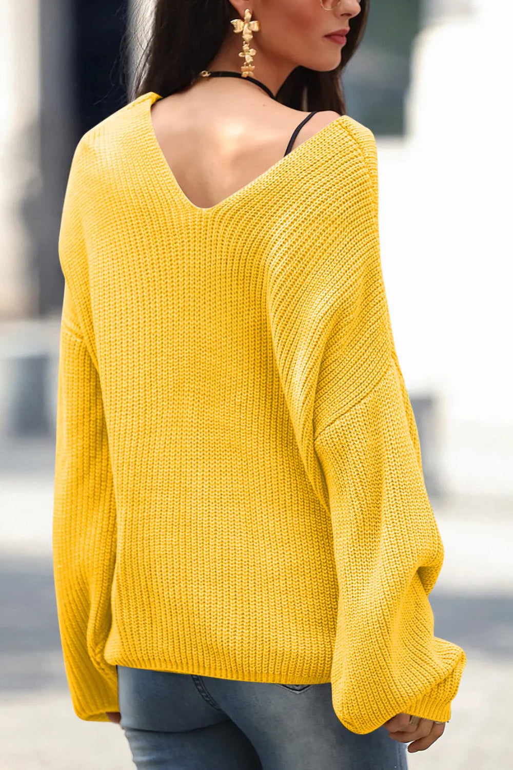 sweater, pullover, long sleeve, drop shoulder, v-neck, ribbed, knit, front lace detail, oversized, slightly stretchy, back view