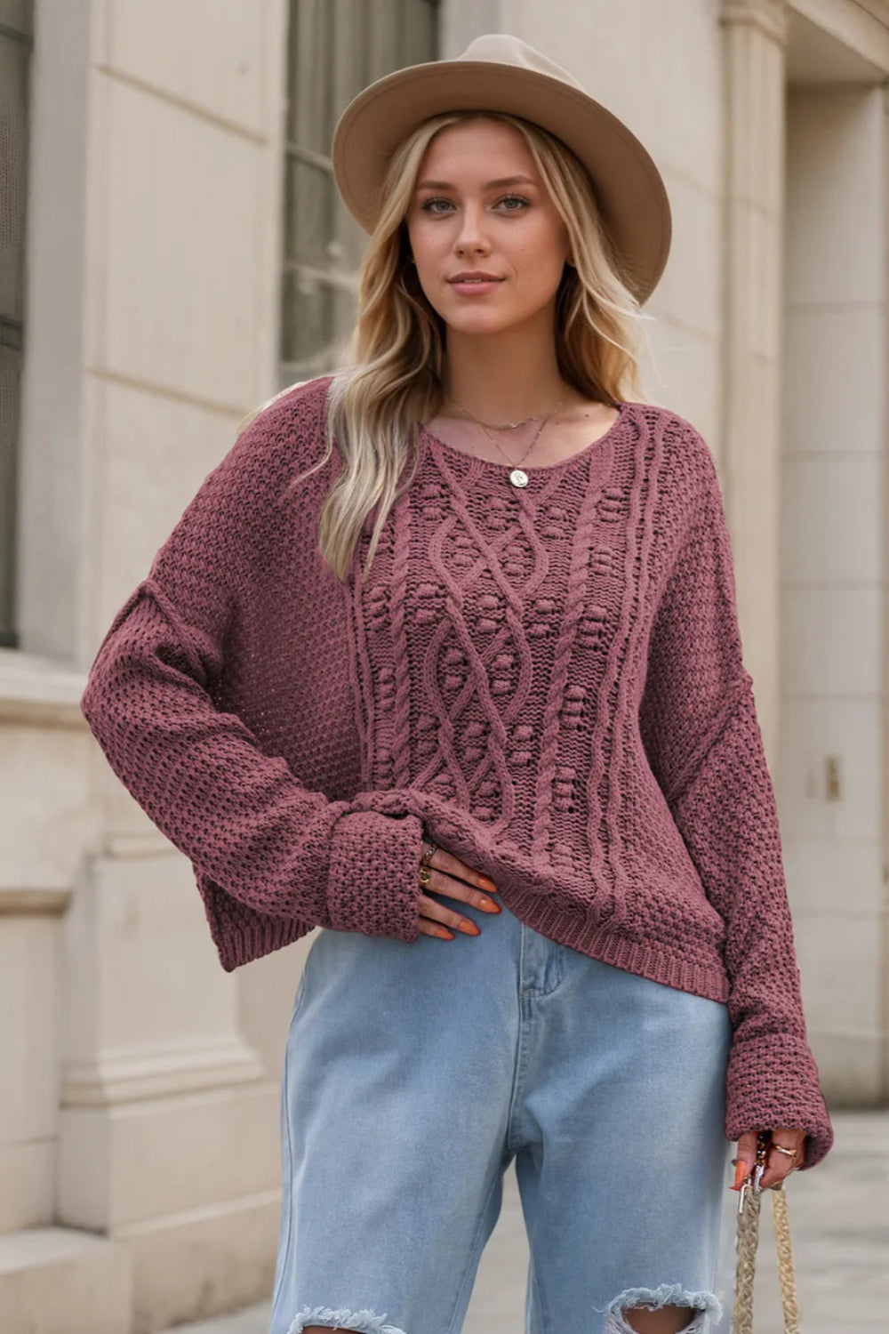 Sweater, pullover, long sleeve, drop shoulder, exposed seam, cable-knit, wide neck, stretchy front view