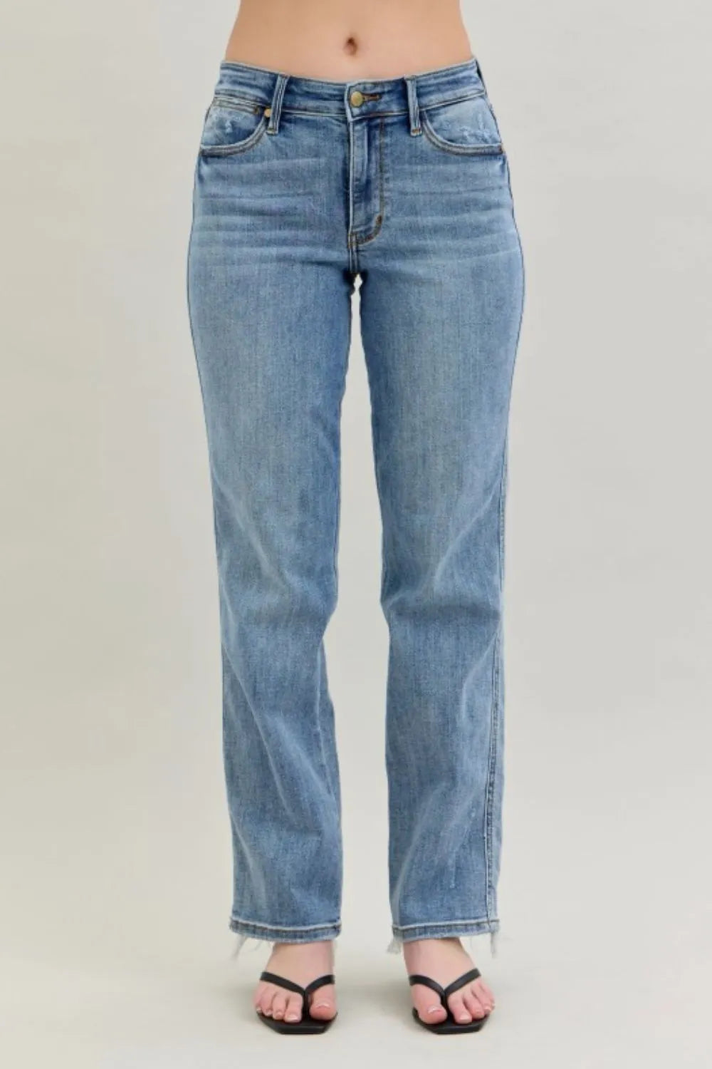 pocketed, raw hem, high-rise, straight leg, moderate stretch, medium wash dad Judy Blue Jeans front view