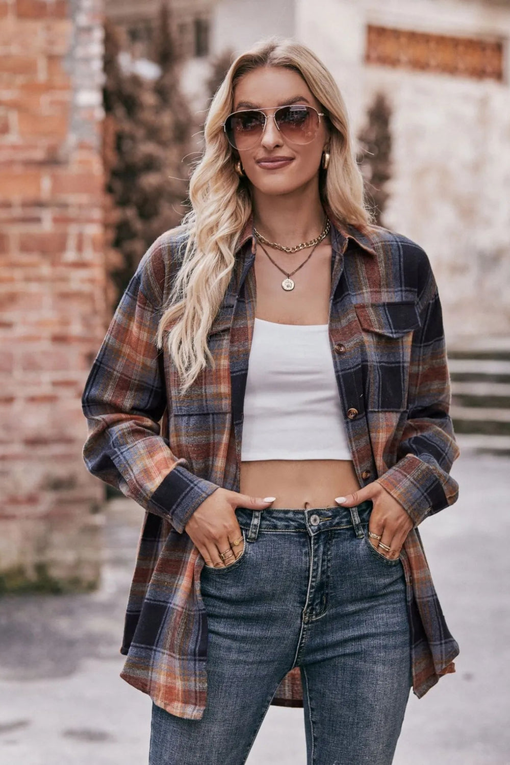 Long sleeve shirt, plaid, collared, pocketed, buttoned, oversized, drop shoulder, no stretch, many colors, front view