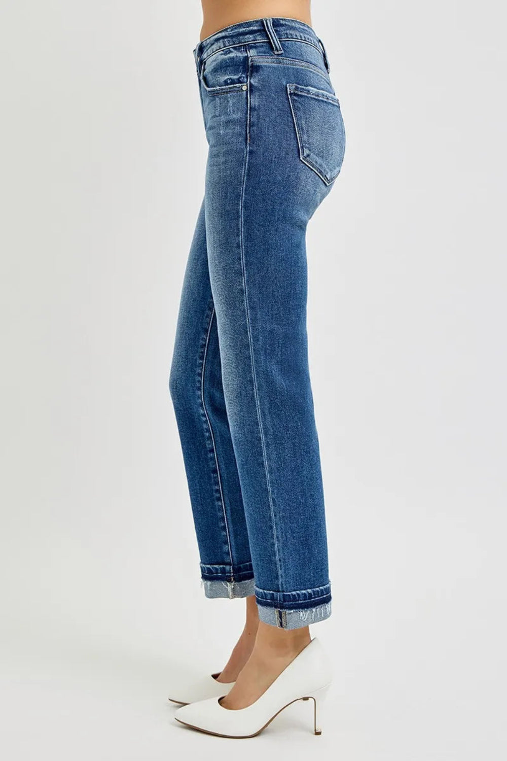 Risen Jeans, mid-rise, 5-pocket construction, button/zip closure, medium vintage wash, belt loop waistband, straight leg, cuffed, slightly stretchy, side view