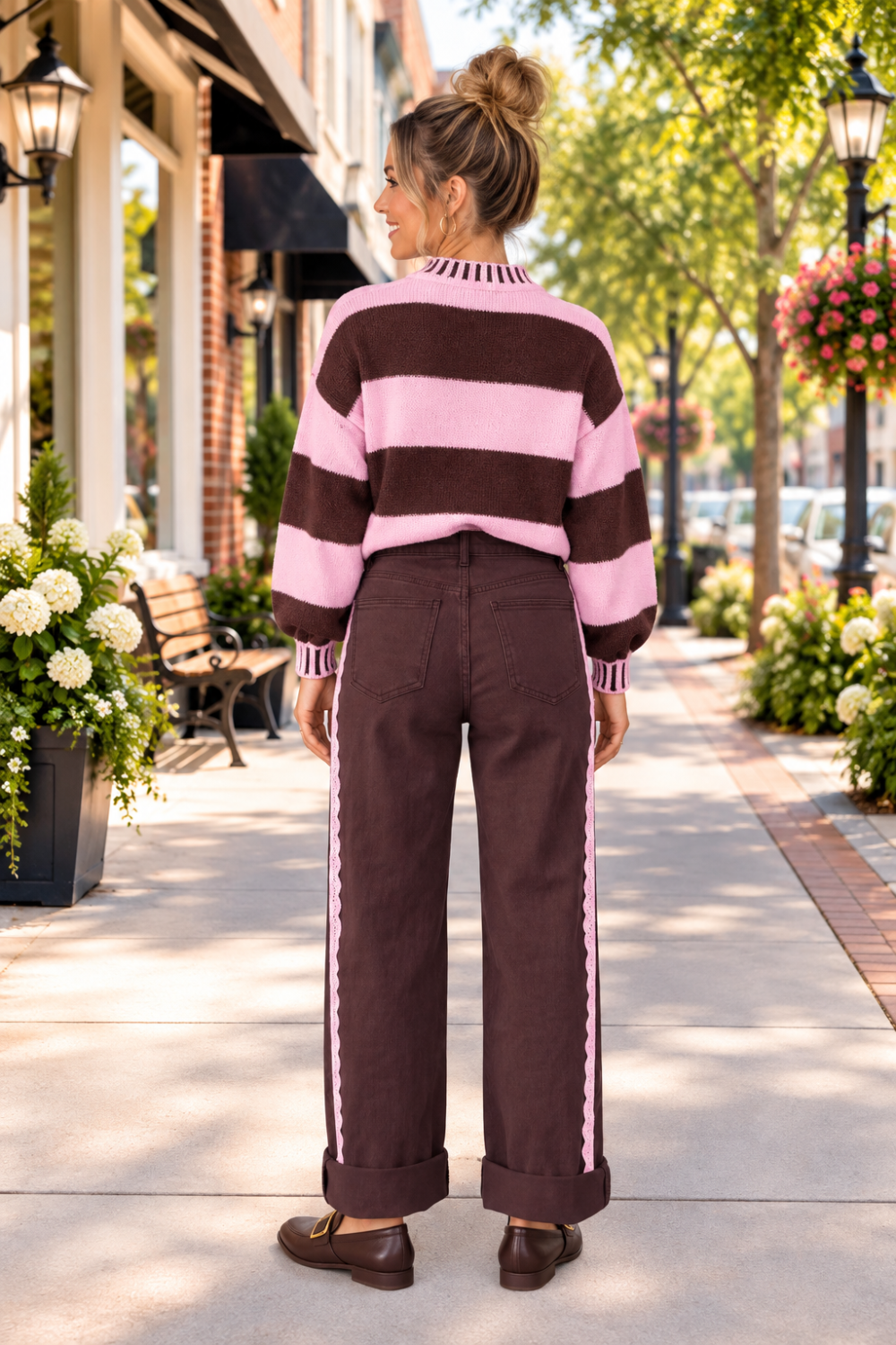 * Jeans
* High-waist
* Button/zipper closure
* Belt loops
* Pocketed
* Lace contrast trim
* Straight leg
* Slightly stretchy