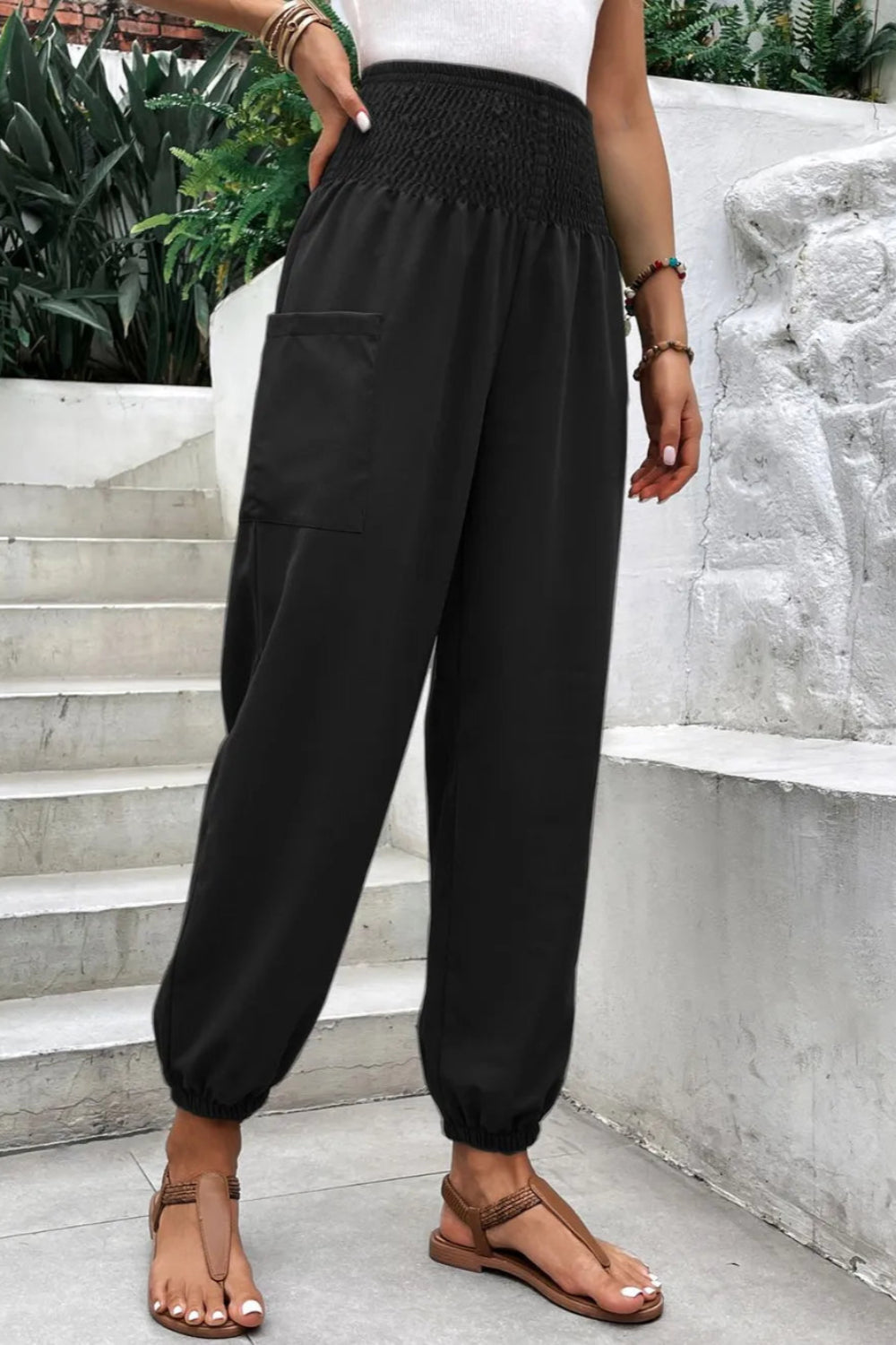 Joggers, high-waist, no drawstring, shirred, pocketed, opaque, slightly stretchy front view
