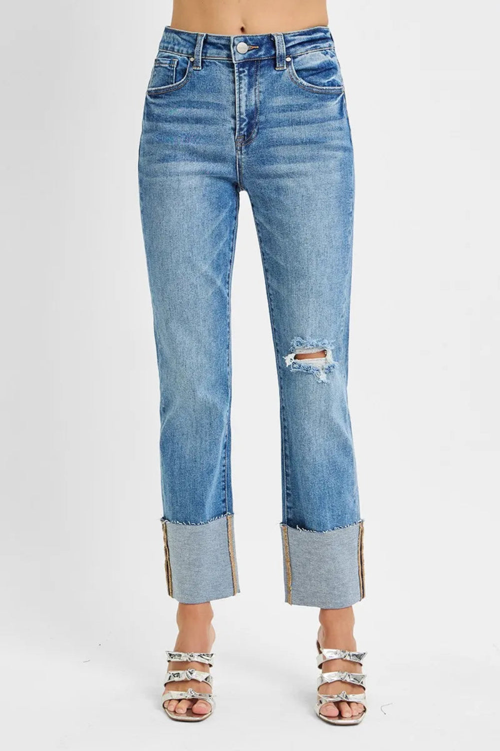 Risen jeans, full-size high-rise, wide cuffed, ankle length, straight leg, raw hem, distressed, vintage medium wash  5-pocket detail, button-zipper closure, belt looped, straight leg, ankle length, slightly stretchy, front view