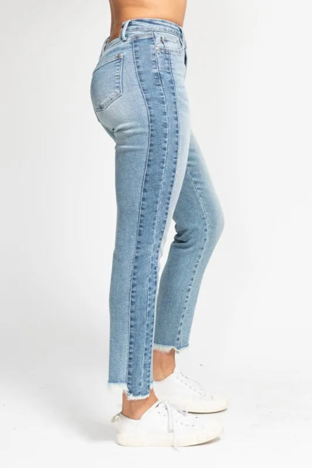 Judy Blue Jeans, full-size, vintage wash, frayed hem, side panel detailing, slim fit, 5-pocket detailing, belt looped, button/zipper closure, slightly stretchy, side view
