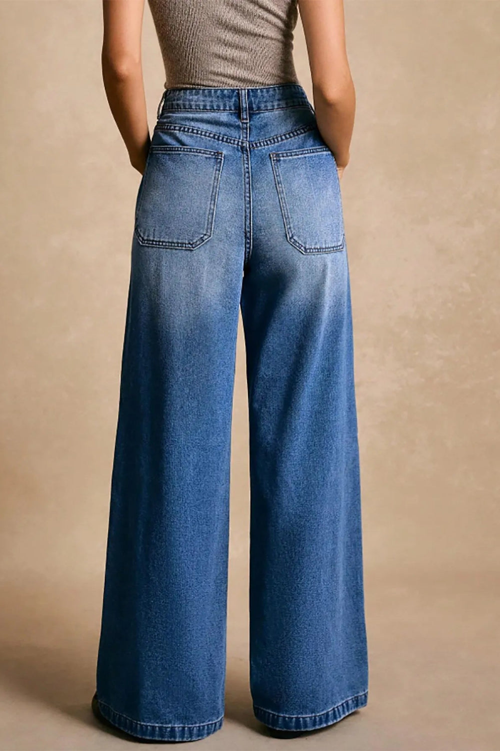 Jeans, high-waist, wide leg, front patch pockets, brads, pocketed, belt loops, button/zipper closure, medium vintage wash, slightly stretchy, back view
