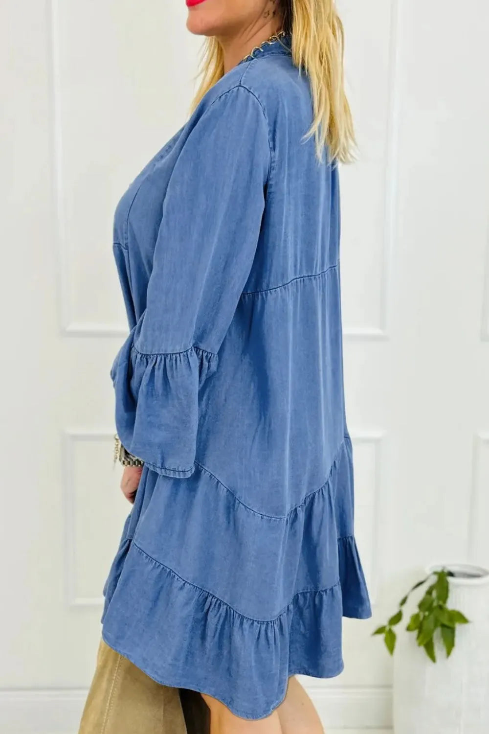 mini dress, notched, flare sleeve, tiered, ruffled, no stretch, denim, medium wash side view