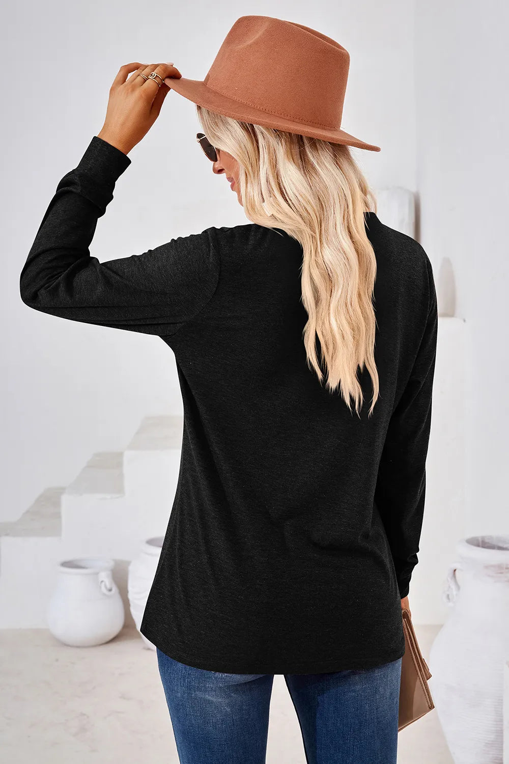 t-shirt, pullover, long sleeve, notch neck, buttoned, opaque, slightly stretchy, back  view