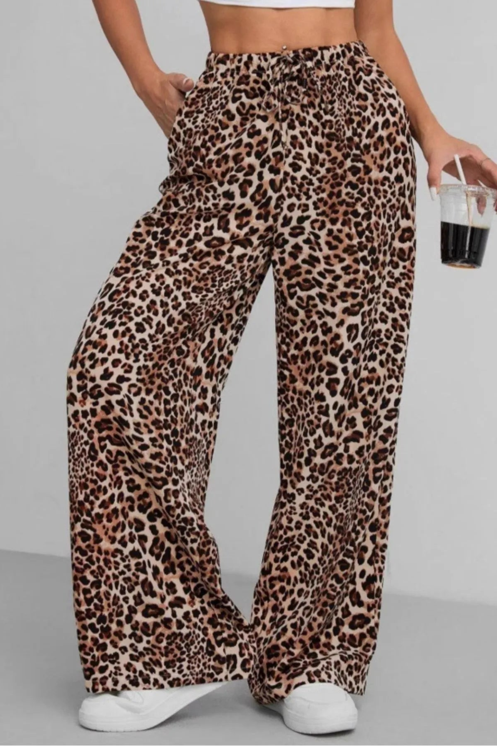 Pants, leopard print, high waist, elastic waistband, drawstring, pocketed, no stretch front view