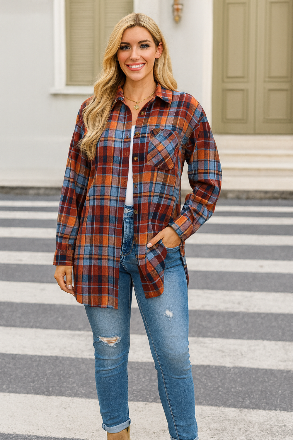 Shirt, long sleeve, collared, plaid print, buttoned, pocketed, oversized, no stretch, front view