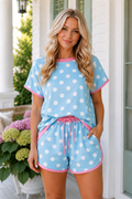 * Two-piece short set
* Round neck
* Short sleeve
* Drop shoulder
* Drawstring
* Pocketed
* Polka Dot print
* Contrast trim
* Some stretch