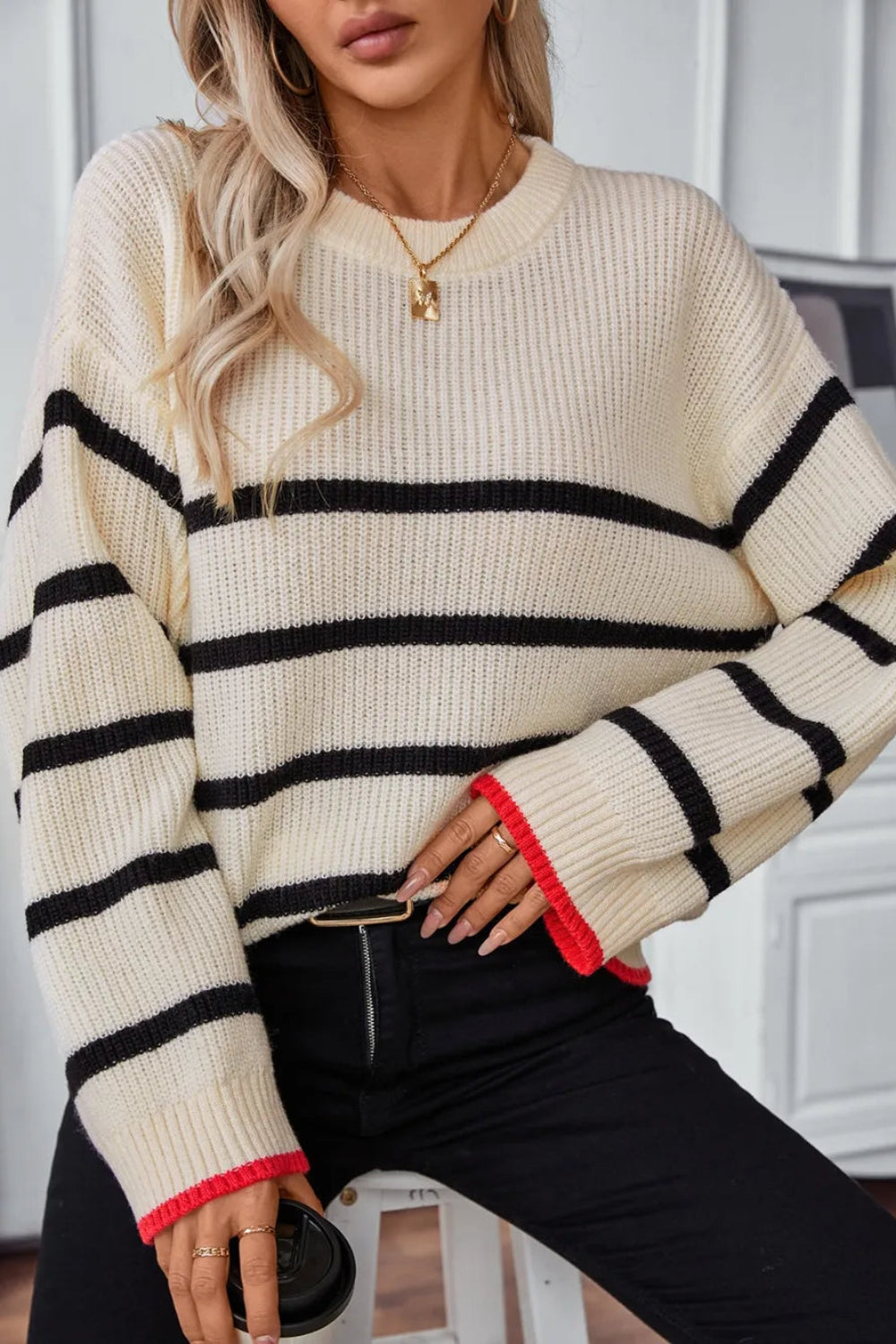 Sweater, pullover, round neck, ribbed knit, drop shoulder, long sleeve, contrast trim, slightly stretchy, front view