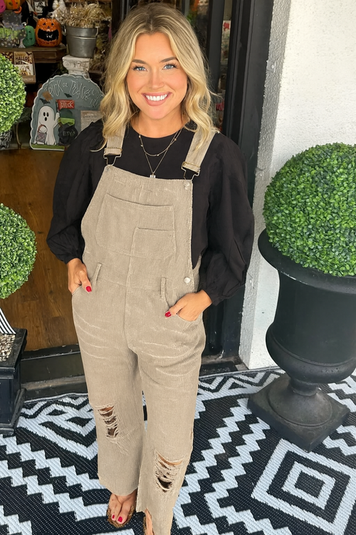 Overalls, corduroy, distressed, straight leg, pocketed, frayed hem, button clasp, no stretch, comes in several colors front view