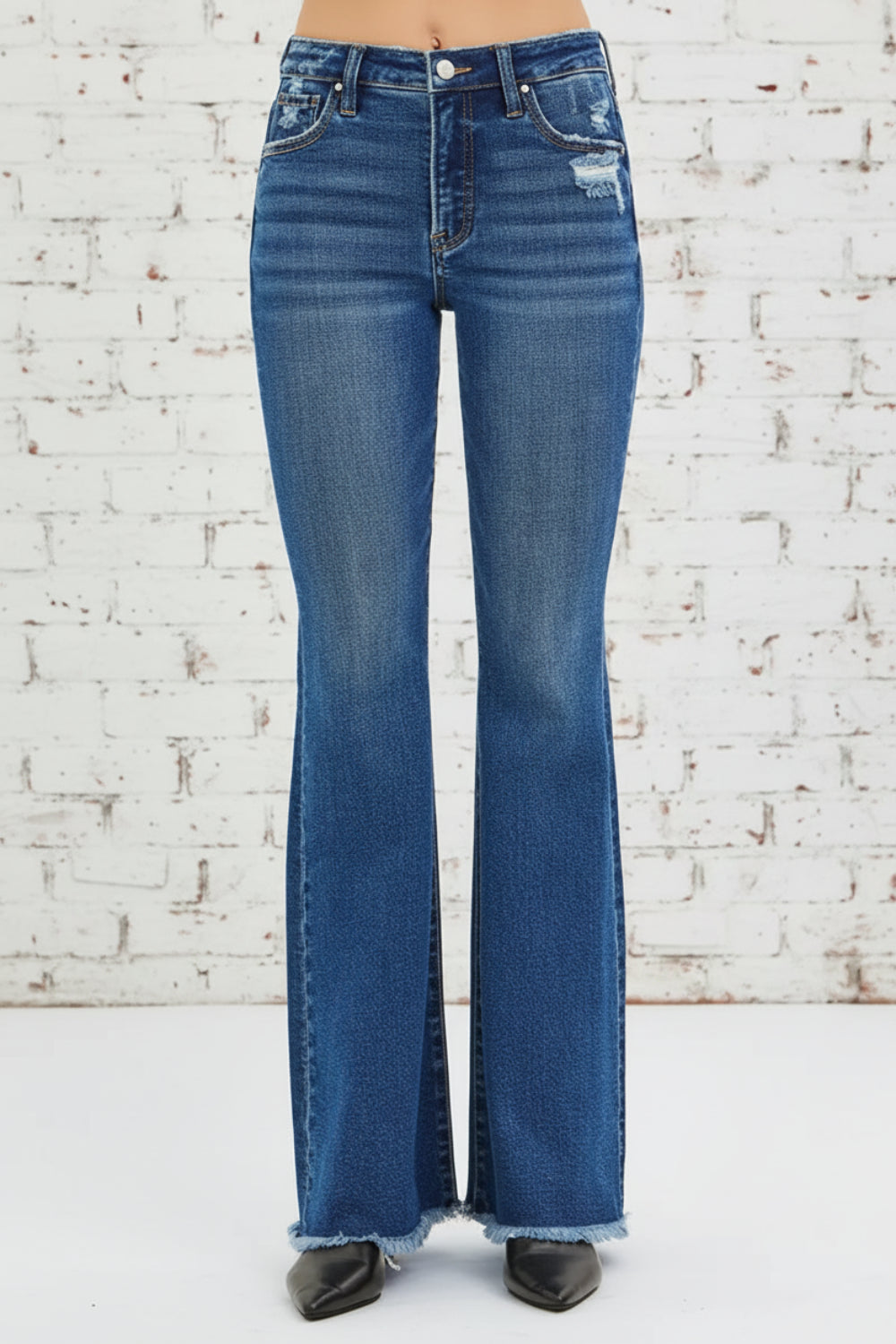 Risen Jeans, high-rise, flared, distressed, raw hem, belt loops, pocketed, button/zipper closure, slightly stretchy, front view