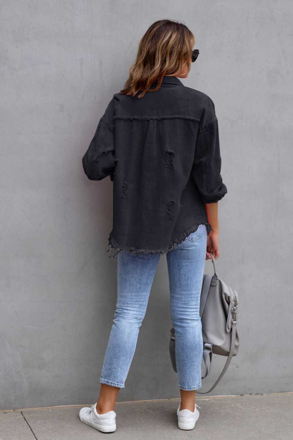 denim jacket, long sleeve, collared, buttoned, buttoned front patch pockets, distressed, fringed/raw hem, no stretch, multiple colors, 