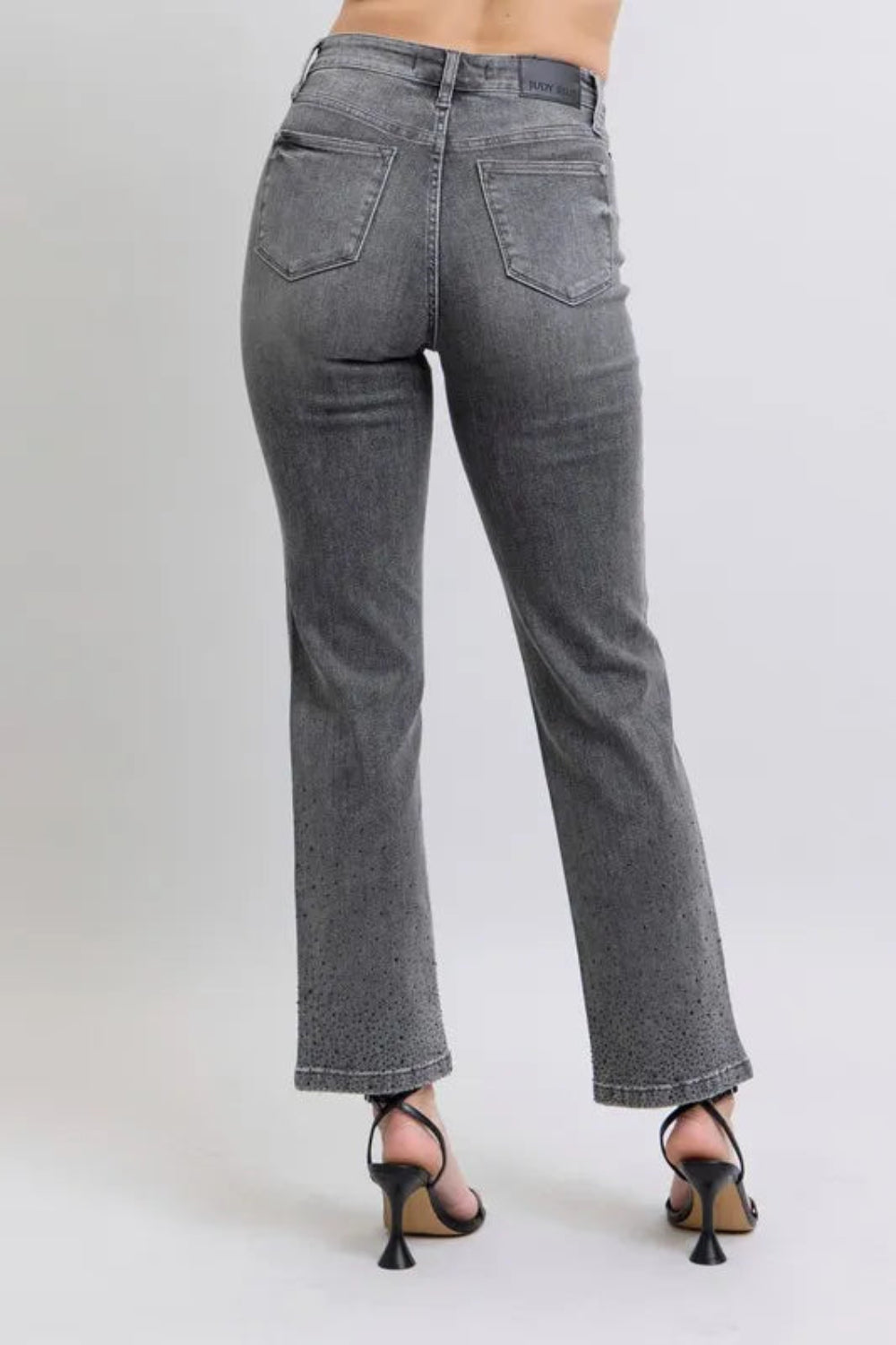 Judy Blue Jeans, full-size, high-rise, rhinestone embellishments, button and zipper closure, pocketed, slightly stretchy, back view