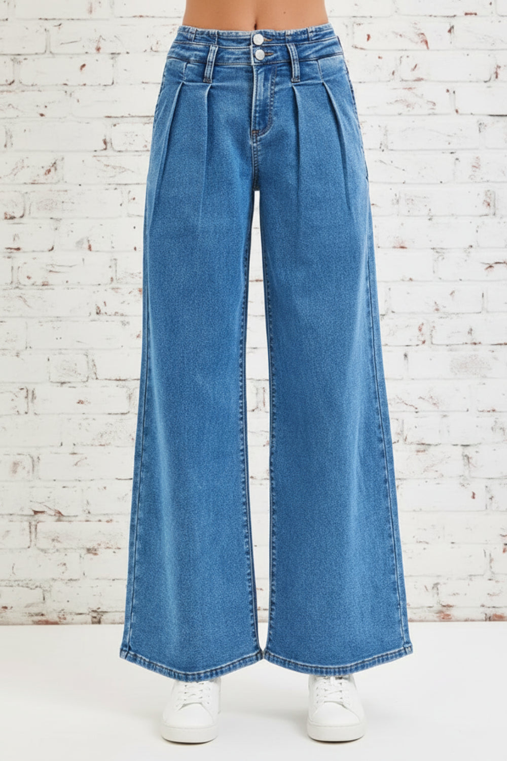 Risen Jeans, full-size, mid-rise, pleated, wide leg, medium wash, pocketed, belt loops, double button/zipper closure, slightly stretchy, front view