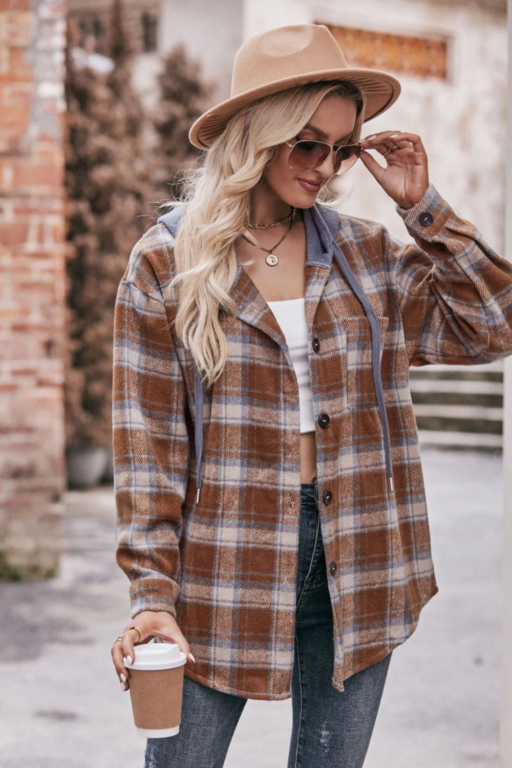 Plaid shacket, hoodie, drawstring, long sleeve, drop shoulder, buttoned, front patch pocket, pleated and buttoned cuffs, rounded hem, unlined, lightweight, no stretch, front view