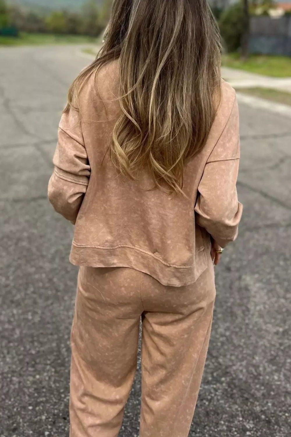 Two-piece pant set, pullover, long sleeve, drop shoulder, round neck, exposed seam,  side slit, elastic waist, drawstring, pocketed, stretchy, back view