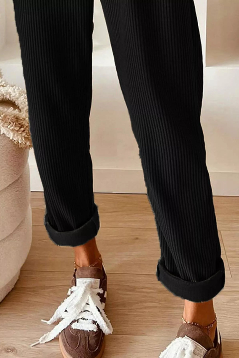 Pants, corduroy, drawstring, pocketed, elastic waist, high-rise, straight leg, no stretch, front bottom view