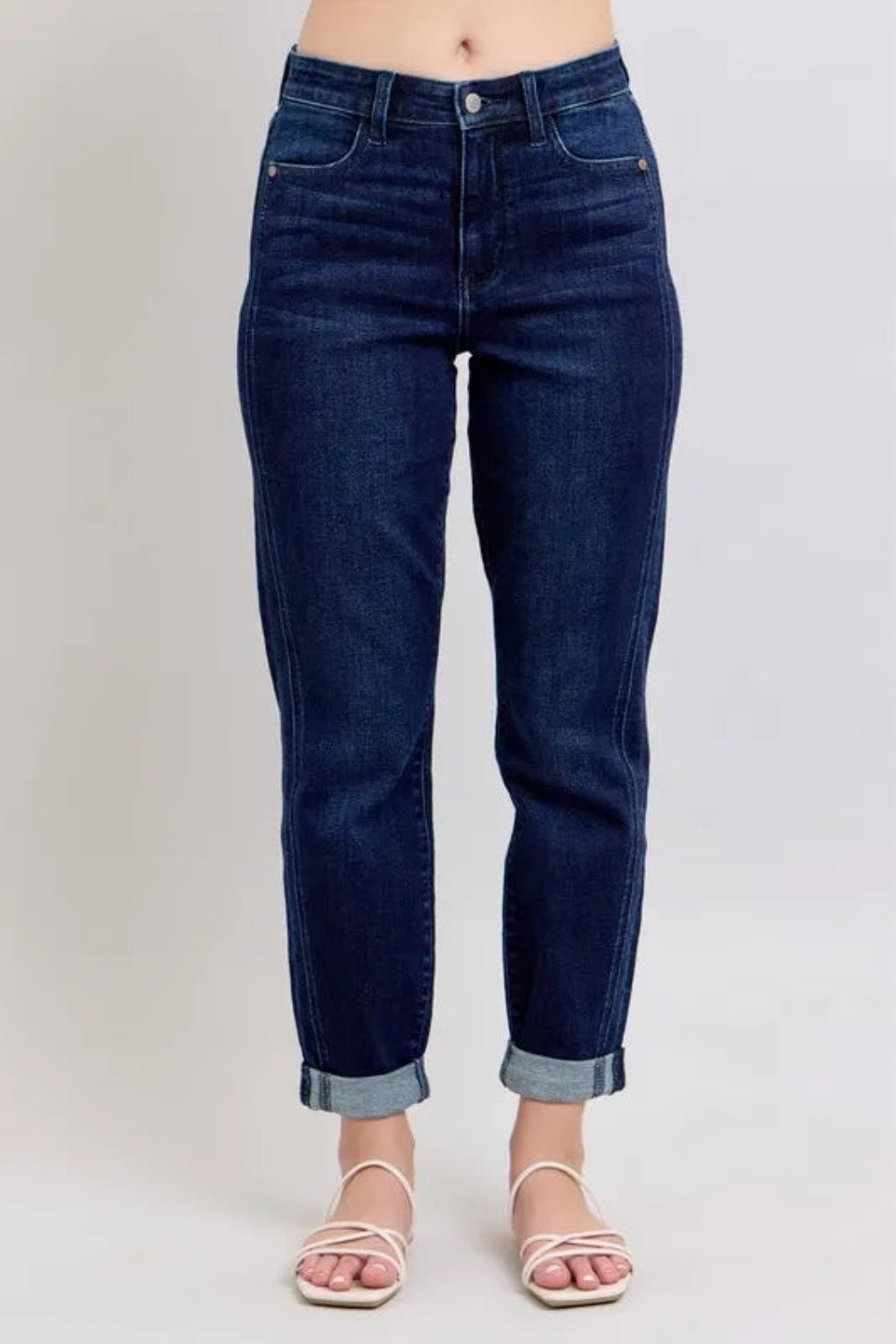 Judy Blue Jeans, high waist, full-size, pocketed, button and zipper closure, dark wash, double seam, slightly stretchy, front view