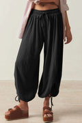 Pants, opaque, ruched, drawstring, elastic waist, opaque, pleated, adjustable hem ties, no stretch, front view

