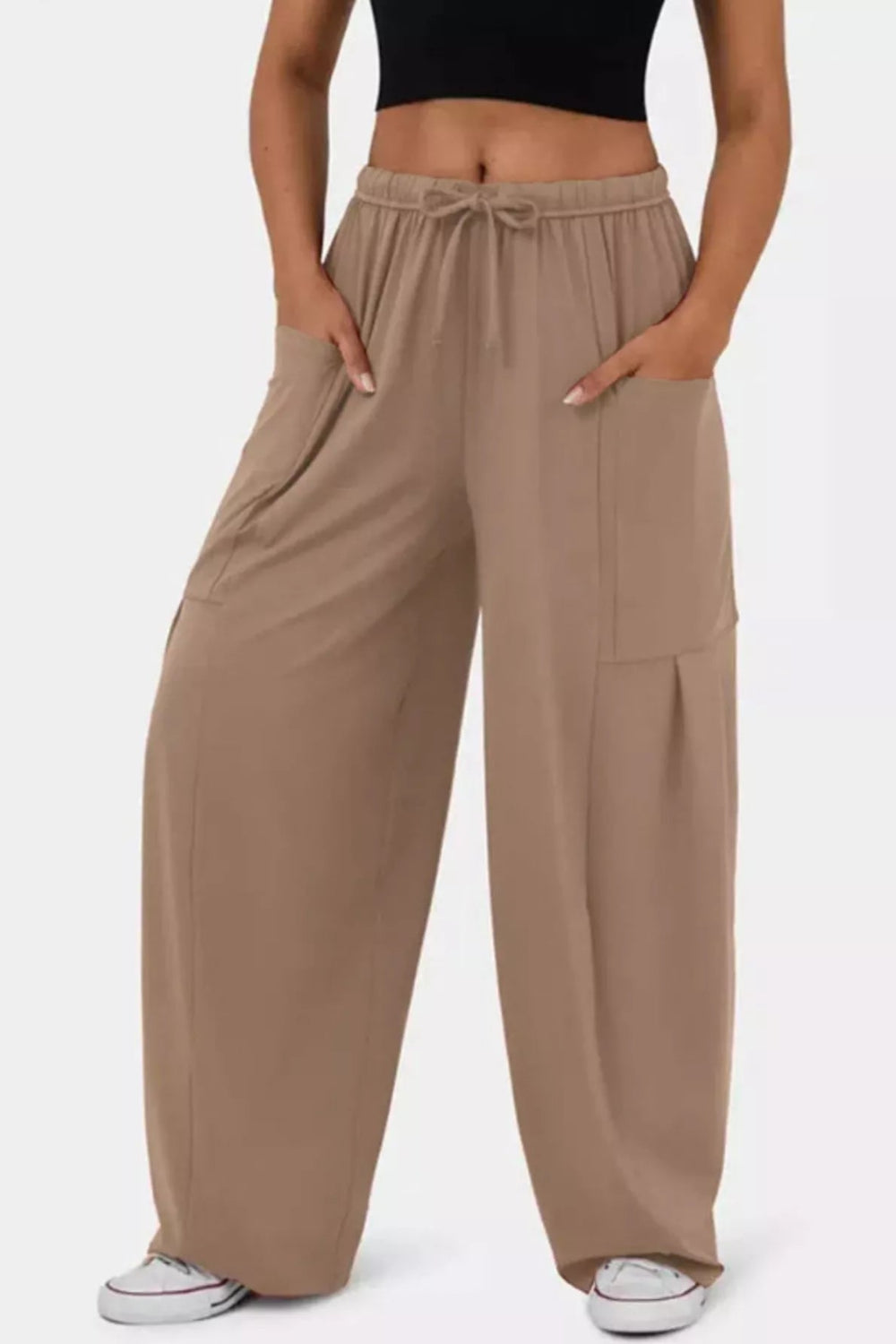 Pants, wide leg, drawstring waist, high-waist, pocketed, pleated at pockets, long, stretchy, front view
