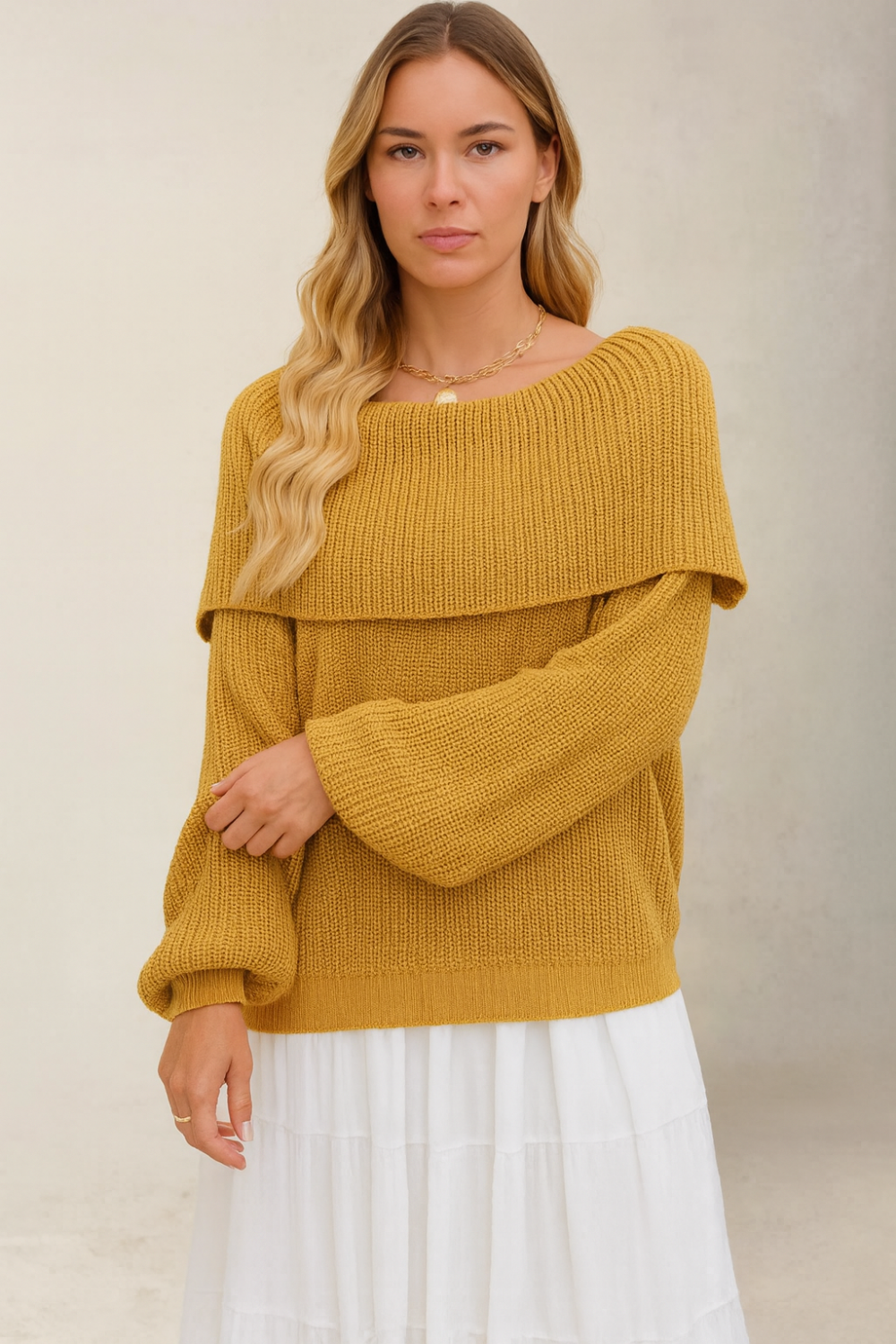 Sweater, pullover, fold over collar, long sleeve, oversized, ribbed knit, slightly stretchy, front view