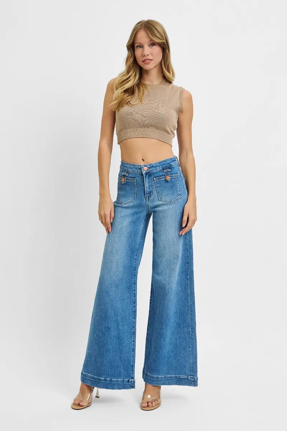 Risen Jeans, full-size, mid-rise, wide leg, patch pocket, medium vintage wash, button/zipper closure, slightly stretchy front view