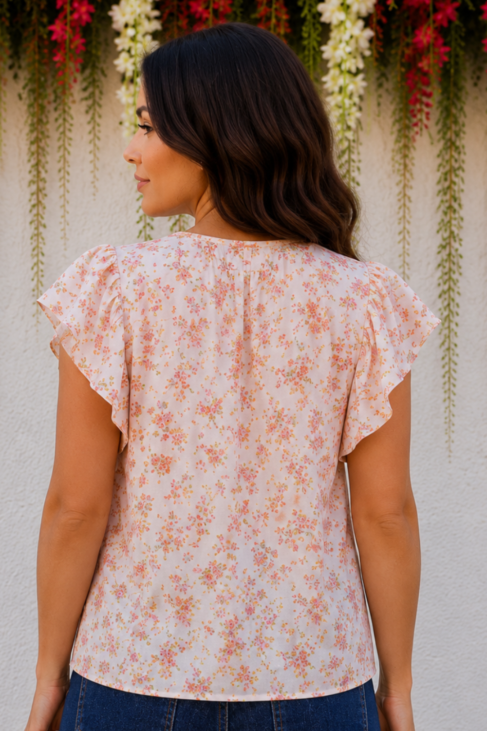 * Pullover
* V-neck
* Flutter sleeve
* Round hem
* Floral print
* No stretch