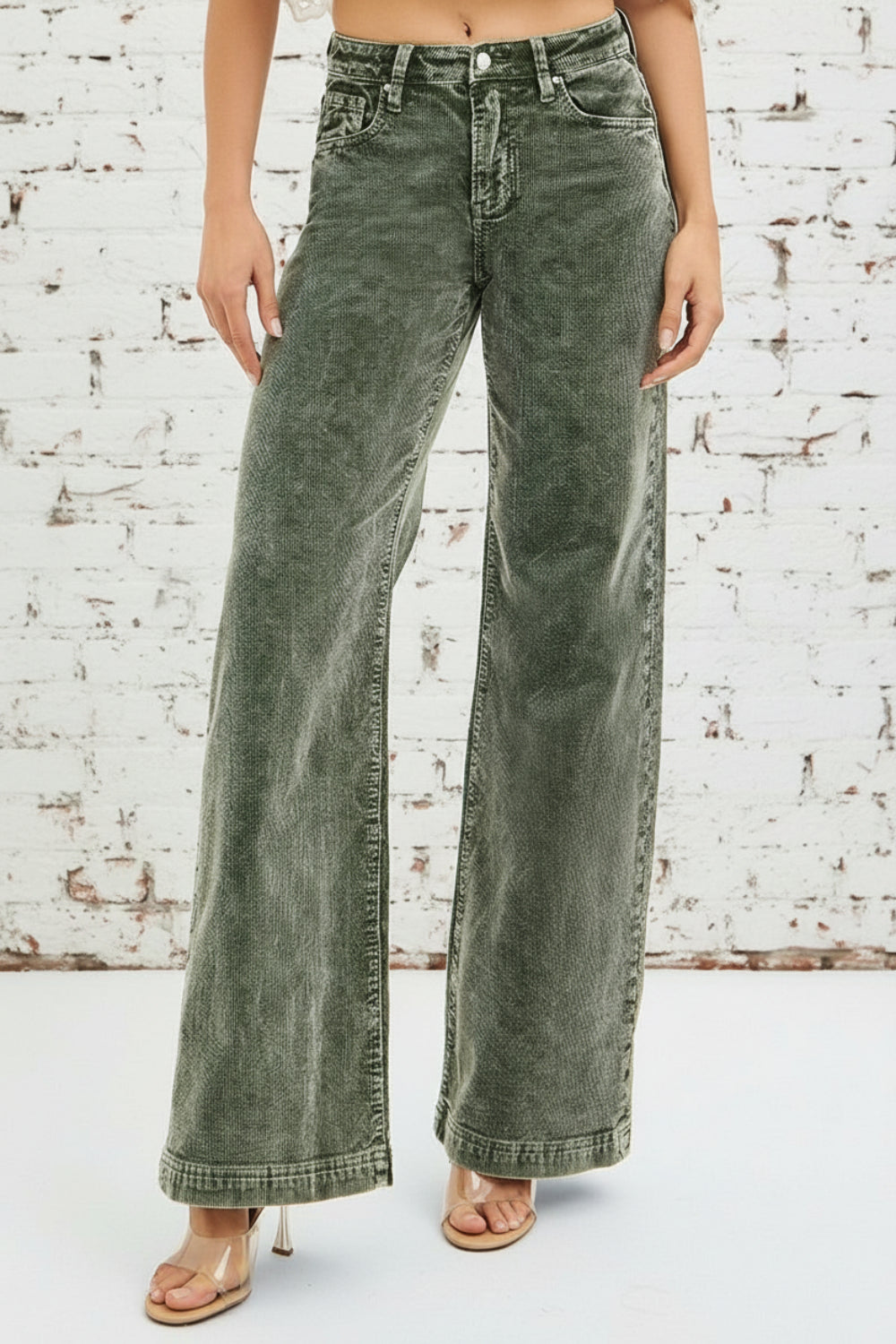 Risen Jeans, corduroy, washed, full-size, high-rise, wide leg, belt loops, button/zipper closure, pocketed, slightly stretchy, front view
