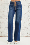 Risen Jeans, full-size, high-rise, wide leg, lace up closure, front patch pockets, back pockets, belt loops, dark wash, slightly stretchy, front view