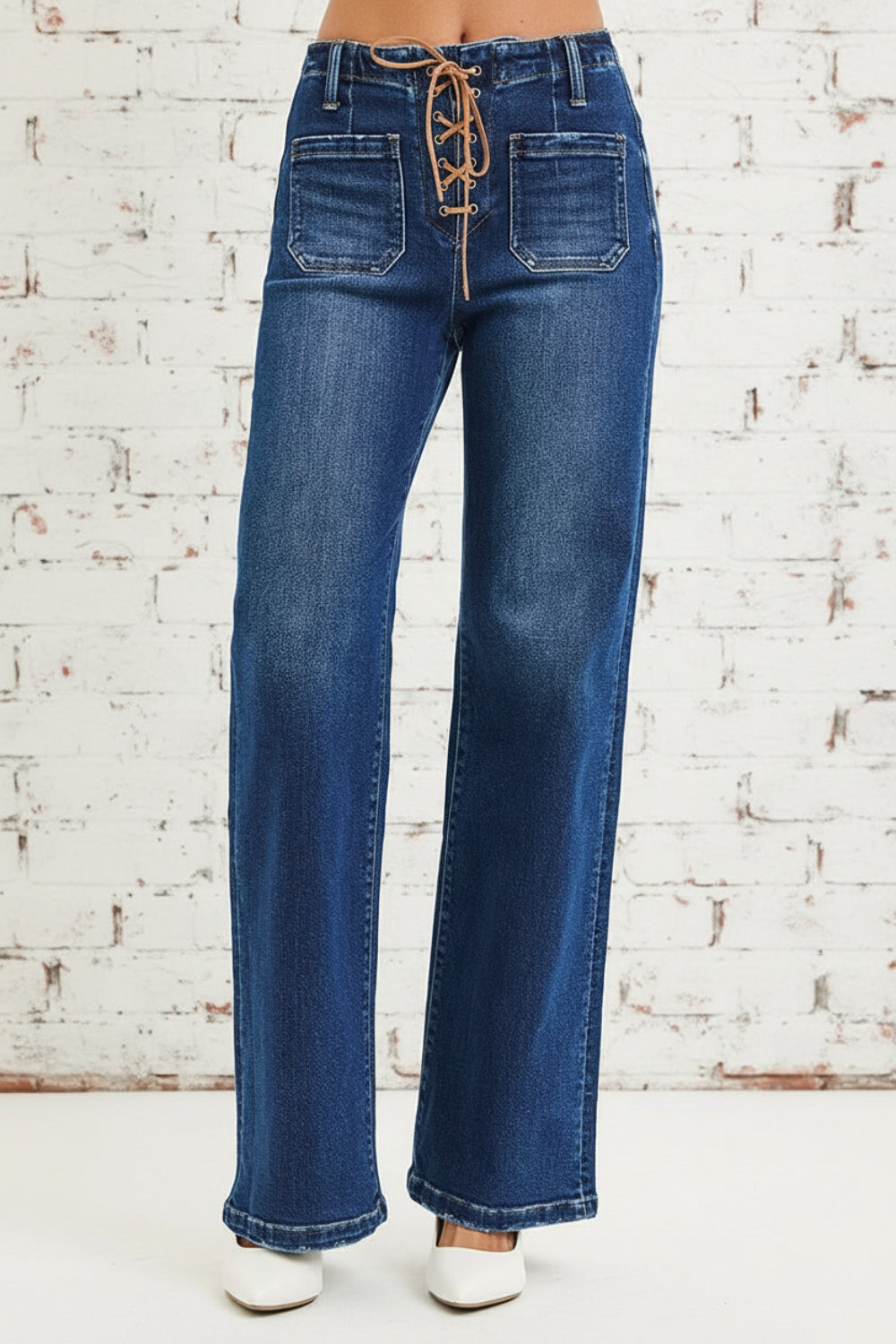 Risen Jeans, full-size, high-rise, wide leg, lace up closure, front patch pockets, back pockets, belt loops, dark wash, slightly stretchy, front view