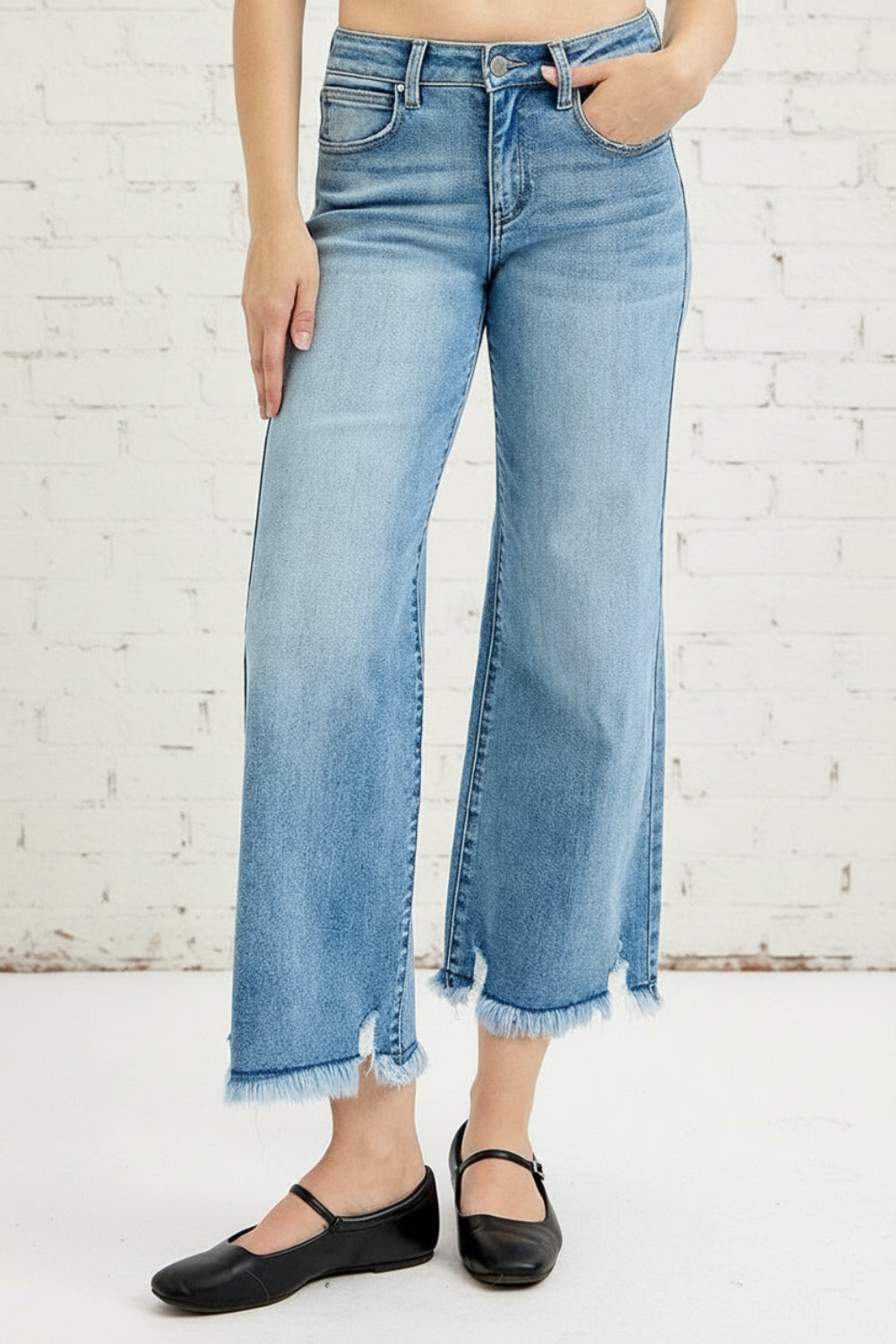 Risen Full Size Mid-Rise Wide Leg Cropped Jeans Front View