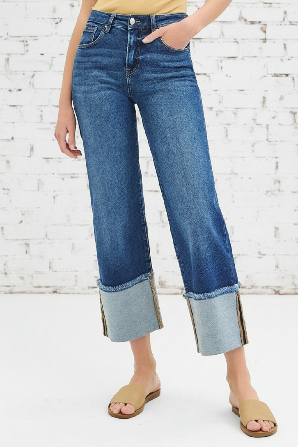 Risen Jeans, full-size, mid-rise, cropped, raw hem, cuffed, wide leg, dark wash, belt loops, pocketed, button/zipper closure, slightly stretchy, front view
