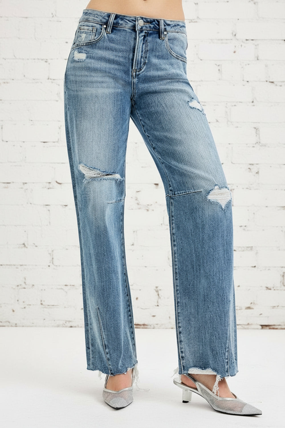 Risen Jeans, full-size, mid-rise, wide, baggy leg, distressed, darted, raw hem, belt loops, button/zipper closure, pocketed, slightly stretchy, front view