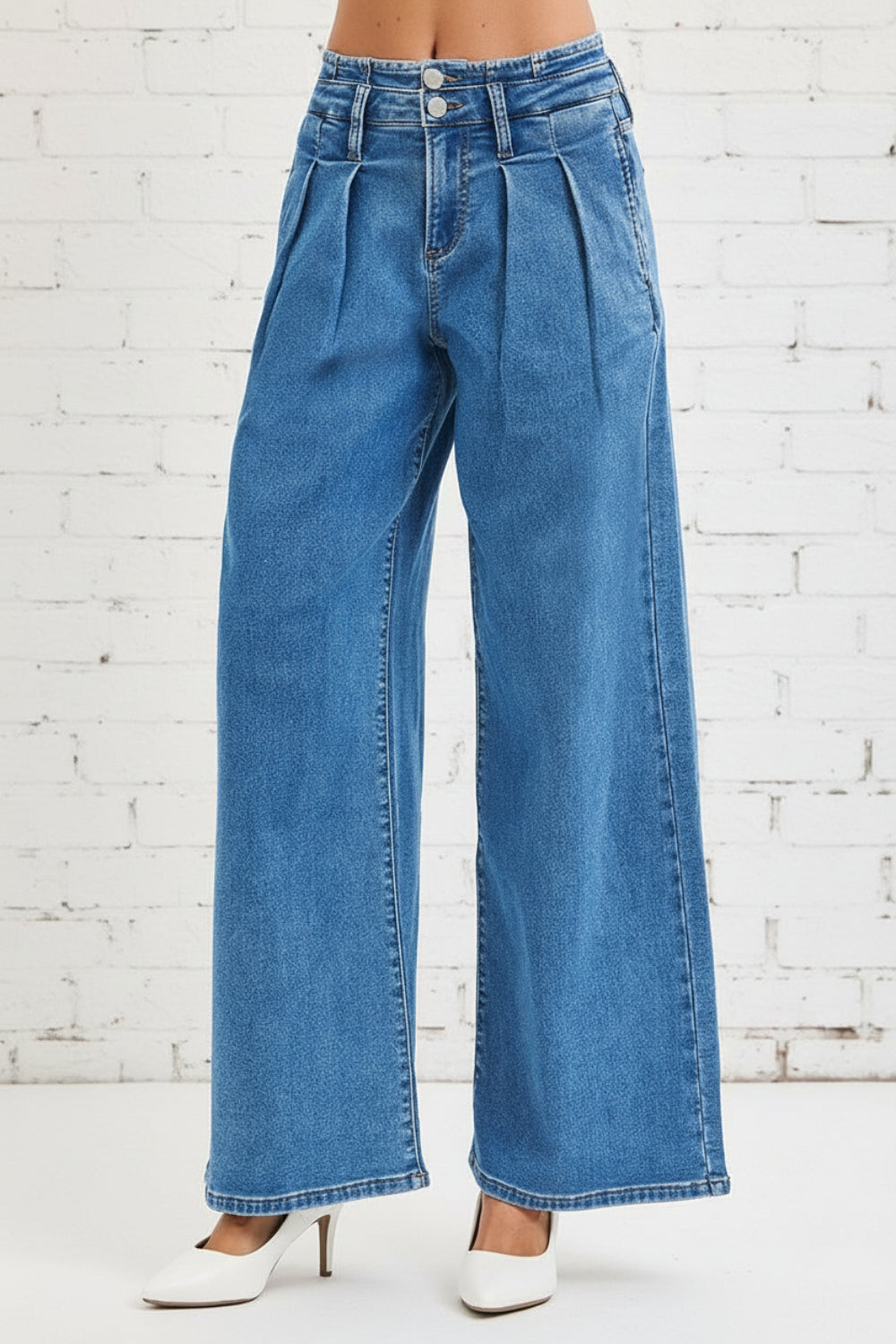 Risen Jeans, full-size, mid-rise, pleated, wide leg, medium wash, pocketed, belt loops, double button/zipper closure, slightly stretchy, front view
