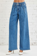 Risen Jeans, full-size, mid-rise, pleated, wide leg, medium wash, pocketed, belt loops, double button/zipper closure, slightly stretchy, front view
