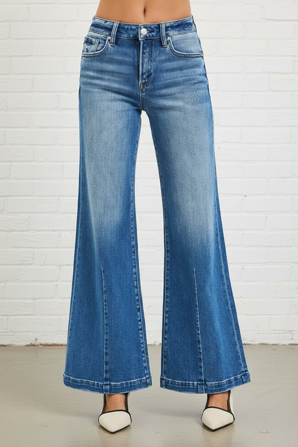 Risen Jeans, full-size, mid-rise, wide leg, flared look, medium wash, belt loops, button/zipper closure, pocketed, bottom dark, slightly stretchy, front view