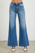 Risen Jeans, full-size, mid-rise, wide leg, flared look, medium wash, belt loops, button/zipper closure, pocketed, bottom dark, slightly stretchy, front view