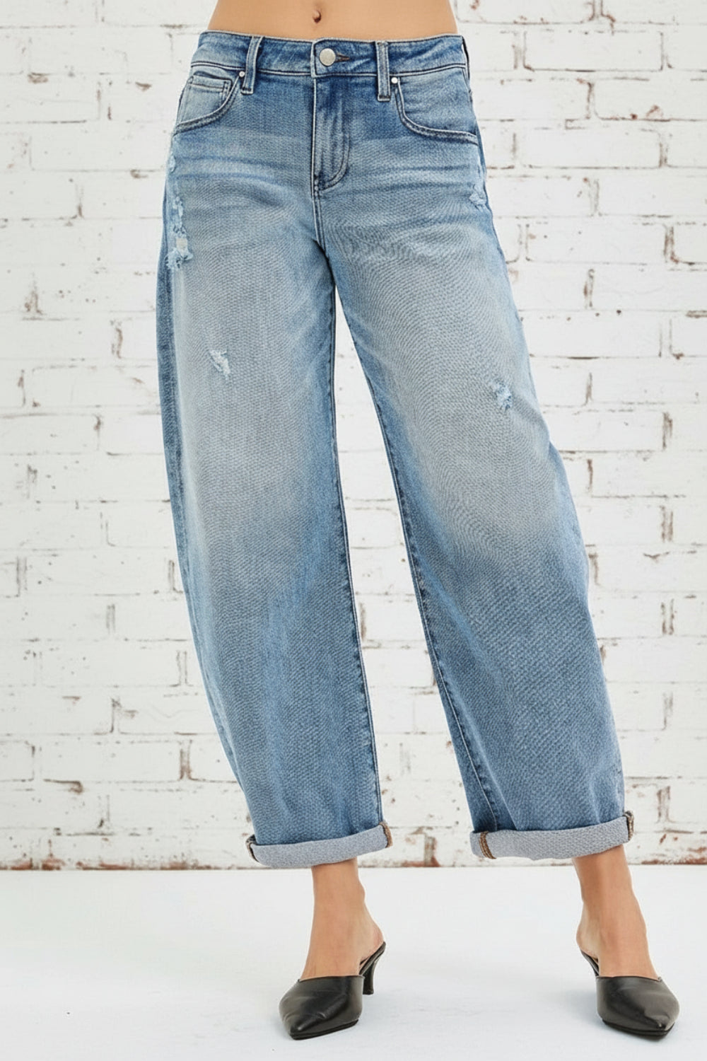 Risen Jeans, full-size, mid-rise, slouchy, ankle length, barrel, cuffed, distressed, belt loops, pocketed, button/zipper closure, medium wash, slightly stretchy, front view