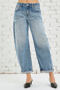 Risen Jeans, full-size, mid-rise, slouchy, ankle length, barrel, cuffed, distressed, belt loops, pocketed, button/zipper closure, medium wash, slightly stretchy, front view