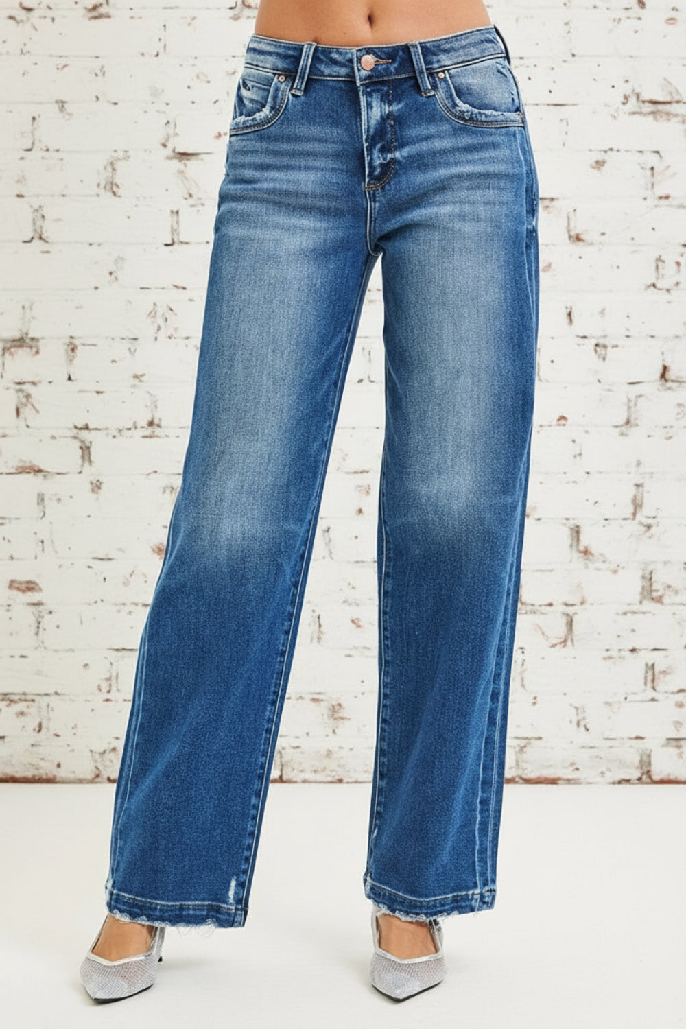 Risen Jeans, full-size, mid-rise, side seam detail, raw hem, slouchy, baggy, belt loops, pocketed, button/zipper closure, slightly stretchy, front view