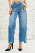 Risen Jeans, full-size, mid-rise, slouchy, cropped, barrel shape, dark combo, raw hem, belt loops, button/zipper closure, pocketed, slightly stretchy, front view