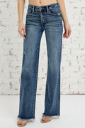 Risen Jeans, full-size, high-rise, distressed, raw hem, long, straight leg, dark wash, button/zipper closure, belt loops, pocketed, slightly stretchy, front view
