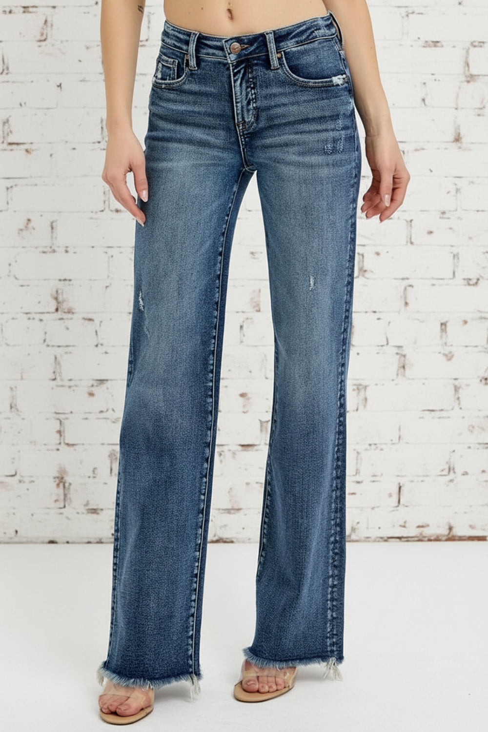 Risen Jeans, full-size, high-rise, distressed, raw hem, long, straight leg, dark wash, button/zipper closure, belt loops, pocketed, slightly stretchy, front view
