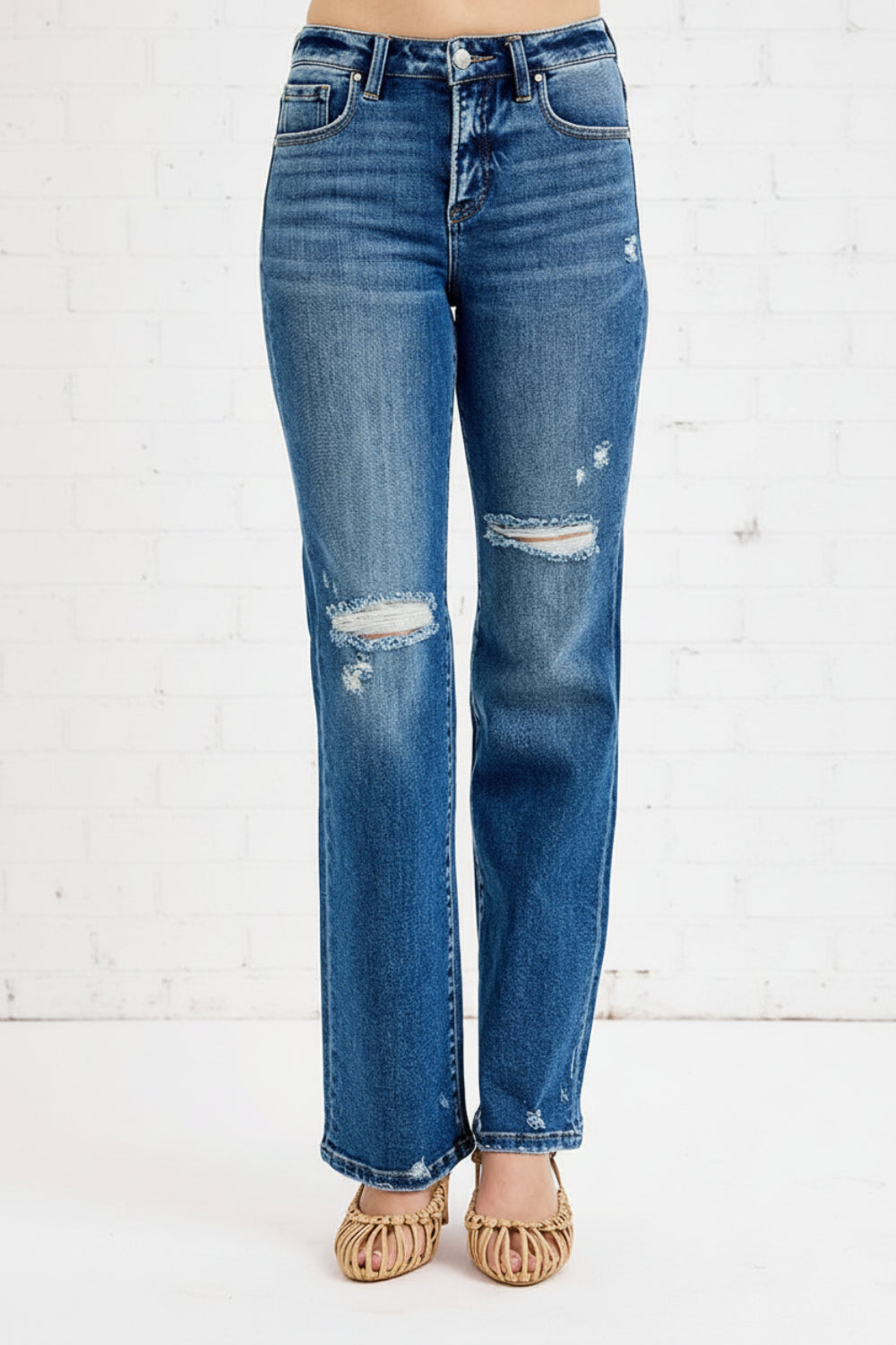 Risen Jeans, full-size, high-rise, tummy control, distressed, straight leg, medium vintage wash, 5 pocket detail, button/zipper closure, belt loops, slightly stretchy, front view
