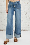 Risen Jeans, high-waisted, front patch pockets, button up, light wash, wide leg, cuffed, slightly stretchy front view
